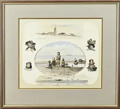 Jacque Jochems, Scheveningen, figuren, dorpsgezicht, Aquarel Scheveningen, diverse figuren, dorpsgezicht
