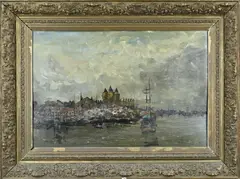 Monogram onduidelijk, Havengezicht met schip, Olieverf op paneel
