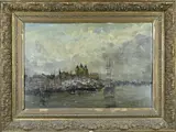Monogram onduidelijk, Havengezicht met schip, Olieverf op paneel