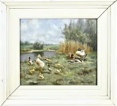 Hendrik Breedveld, Eenden familie aan de waterkant, Olieverf op linnen