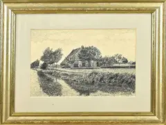 Jopie Huisman, Boerderij in landschap, Pentekening op papier