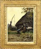 Adrianus Zwart, Boerderij met boer en boerin, Olieverf op linnen
