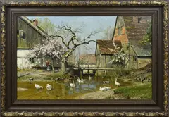 Walter Moras, zonnig boerenerf met ganzen, boerin en kind, Olieverf op linnen