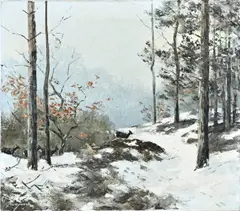 Jo Schrijnder, Reeën in winters landschap, Olieverf op linnen