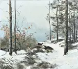 Jo Schrijnder, Reeën in winters landschap, Olieverf op linnen
