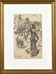George Hendrik Breitner, Figuren op Dam, Nieuwe kerk bij avond, Oostindische inkt op papier