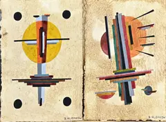2x B. Alepkow, Avant garde schilderij, Gouache op geschept papier