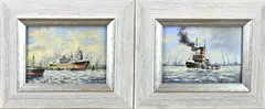 Pendant L. Scheen, Vrachtschepen + Sleepboot R'dam, Olieverf op paneel