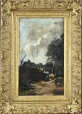 A. Legras, Landschap met boerderij en boerin, Olieverf op linnen
