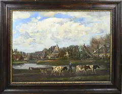 D.J. van Haanen, Dorpgezicht met boer en koeien, Olieverf op linnen