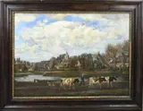 D.J. van Haanen, Dorpgezicht met boer en koeien, Olieverf op linnen