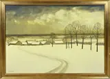 Ludo Laagland, Limburgs dorpsgezicht in de winter, Olieverf op paneel
