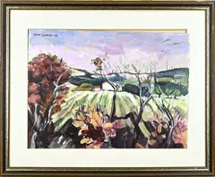 Adrian Stahlecker, Huis in heuvelachtig landschap, Olieverf op papier