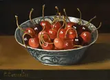 Kom met kersen by C. Cornelisz, Olieverf op paneel, sold Jul 2023