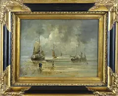 A. Koster, Bomschuiten op het strand, Olieverf op paneel