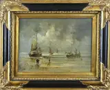 A. Koster, Bomschuiten op het strand, Olieverf op paneel