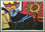Grote Texoprint Guiliaume Corneille '98, Kat met zonnebleom, Lithografie op linnen