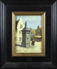 H. Bogman jr., Den Briel, stadsplein met figuren, Olieverf op paneel