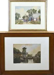 A. Terhell & J. Le Blanc, Boerderij + Havengezicht, Twee aquarellen van Alexander Terhell