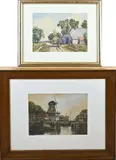 A. Terhell & J. Le Blanc, Boerderij + Havengezicht, Twee aquarellen van Alexander Terhell