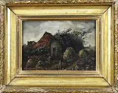 Theo Goedvriend, Boerenhuis met hooimijten, Olieverf op paneel
