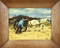 Monogram J.S., Boer met paardenkar in duinen, Olieverf op paneel