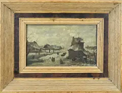 Adèle Koekkoek, Winters dorp met figuren, Olieverf op paneel
