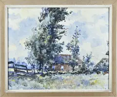 Hugo Polderman, Boerenhuis, Aquarel op papier