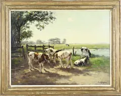 Fedor van Kregten, Twents landschap met pinken bij hek, Olieverf op linnen