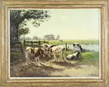 Fedor van Kregten, Twents landschap met pinken bij hek, Olieverf op linnen