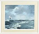 Jo Schrijnder, Twee zwanen boven zee, Olieverf op linnen