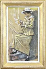 Jacob Rossum, Elegante dame leest lectuur, Gemengde techniek op papier