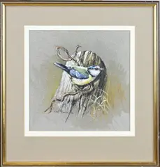 Cees Roorda, Zangvogel op boomstam, Gouache op papier