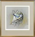 Cees Roorda, Zangvogel op boomstam, Gouache op papier