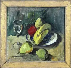 Betsy Dom, Fruitstilleven met wijnglas, Olieverf op linnen