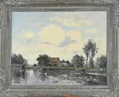 Piet de Regt, Boerderij aan waterkant, Olieverf op linnen