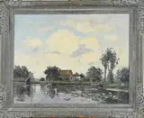 Piet de Regt, Boerderij aan waterkant, Olieverf op linnen