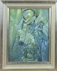 S. Carels, Androgyn vrouwen figuur met bandages, Olieverf op board