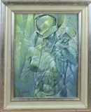 S. Carels, Androgyn vrouwen figuur met bandages, Olieverf op board