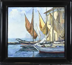 L. Schaberg, Mediterraanse haven met zeilboten, Olieverf op linnen