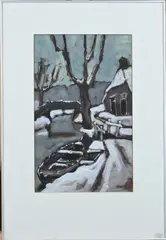 Henk Lassche, Winter in Giethoorn, Gouache op papier