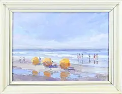 K. Alee, Strandgezicht met parasols en figuren in de branding, Olieverf op linnen