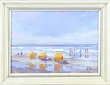 K. Alee, Strandgezicht met parasols en figuren in de branding, Olieverf op linnen