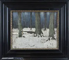 Monogram C.S., Bosgezicht met sneeuw, Olieverf op paneel