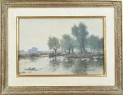 Adriaan Terhell, Plasgezicht met visser in boot bij knotwilgen, Aquarel op papier
