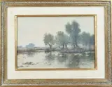 Adriaan Terhell, Plasgezicht met visser in boot bij knotwilgen, Aquarel op papier