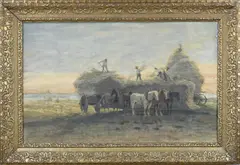 Cornelis Schermer, Landarbeiders aan hooi opladen, Aquarel op papier