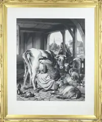 J. Landseer, Stal voorstelling, Grote 19e eeuwse ets in vergulde ornamentlijst door J