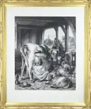 J. Landseer, Stal voorstelling, Grote 19e eeuwse ets in vergulde ornamentlijst door J