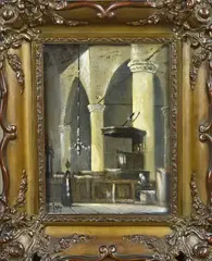 J. Jong, Kerkgezicht met figuren, Olieverf op linnen